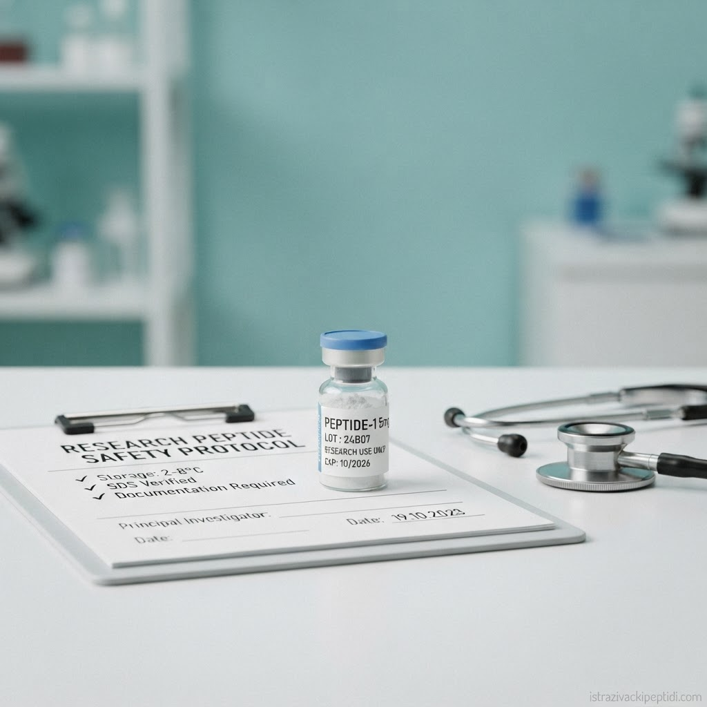 Bočica peptida pored dokumentacije o sigurnosti i stetoskopa na svijetloj podlozi